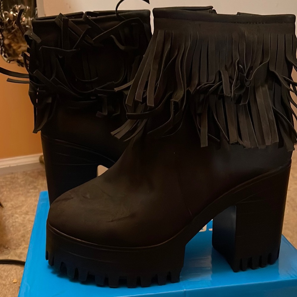 Black Platform Chunky Boots with Fringes